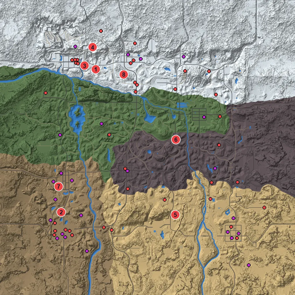 Navezgane map with 69 hardened chests marked and 8 of them numbered