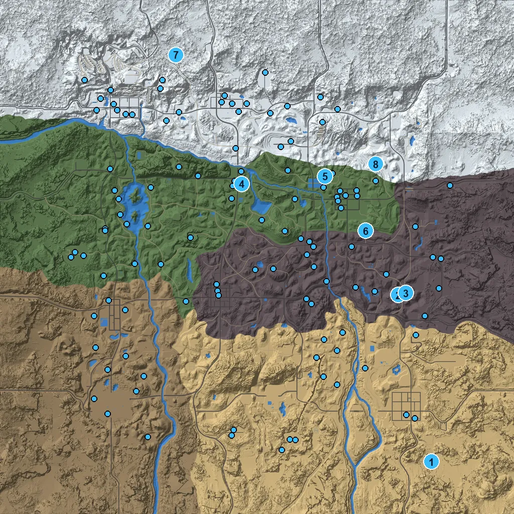 Navezgane map with 130 destroyed workbenches marked and 8 POIs numbered