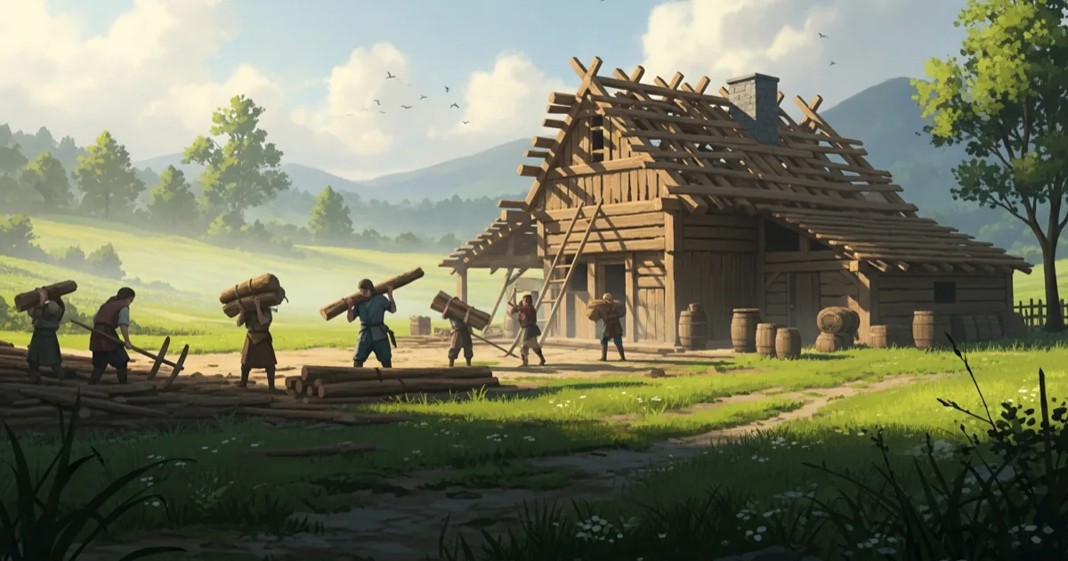 Villagers building a timber longhouse in a new medieval settlement at dawn