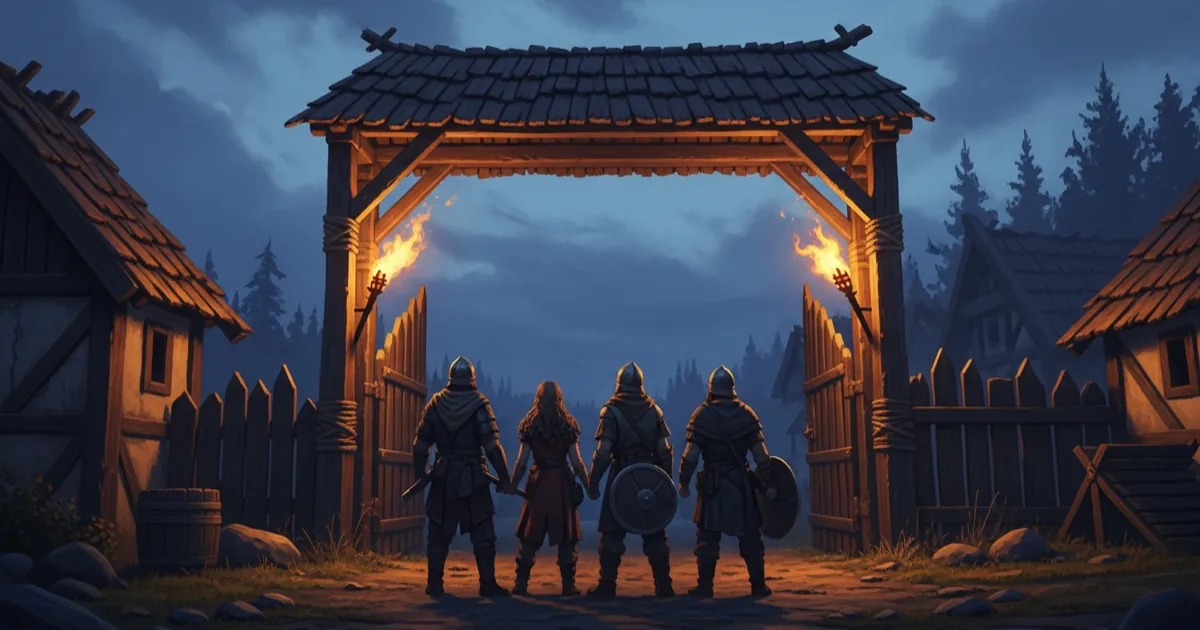 Four medieval settlers standing together at a torchlit village gate at dusk