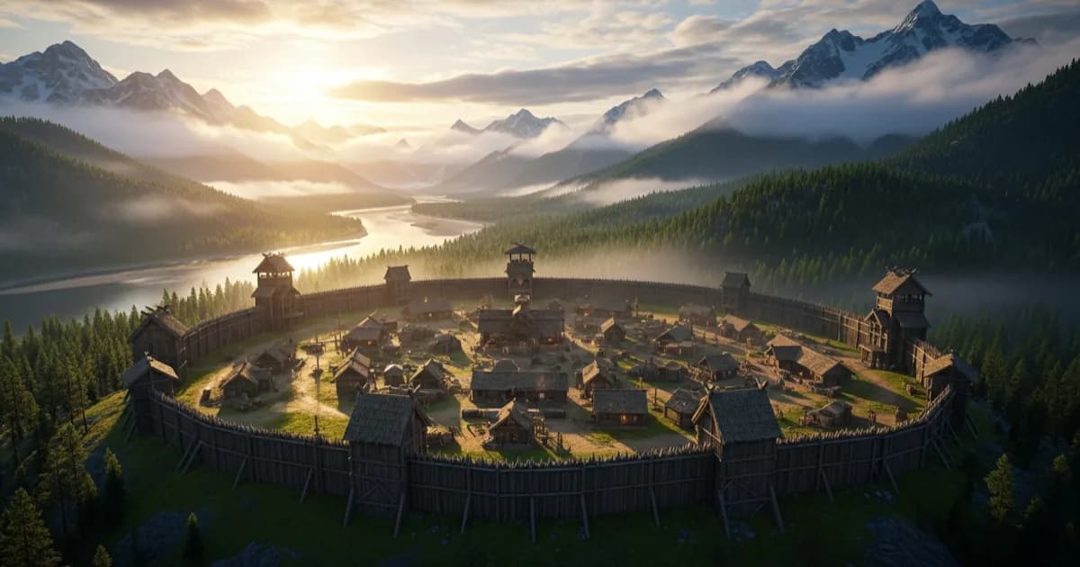A medieval Karvenia settlement overlooking a misty river valley at dawn