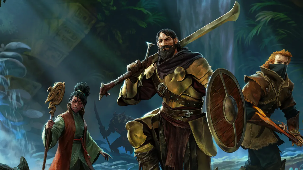 Enshrouded — official key art: three adventurers by a jungle waterfall