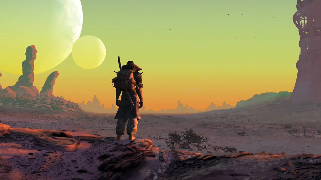 Kenshi — official key art: a lone wanderer in the desert under two moons
