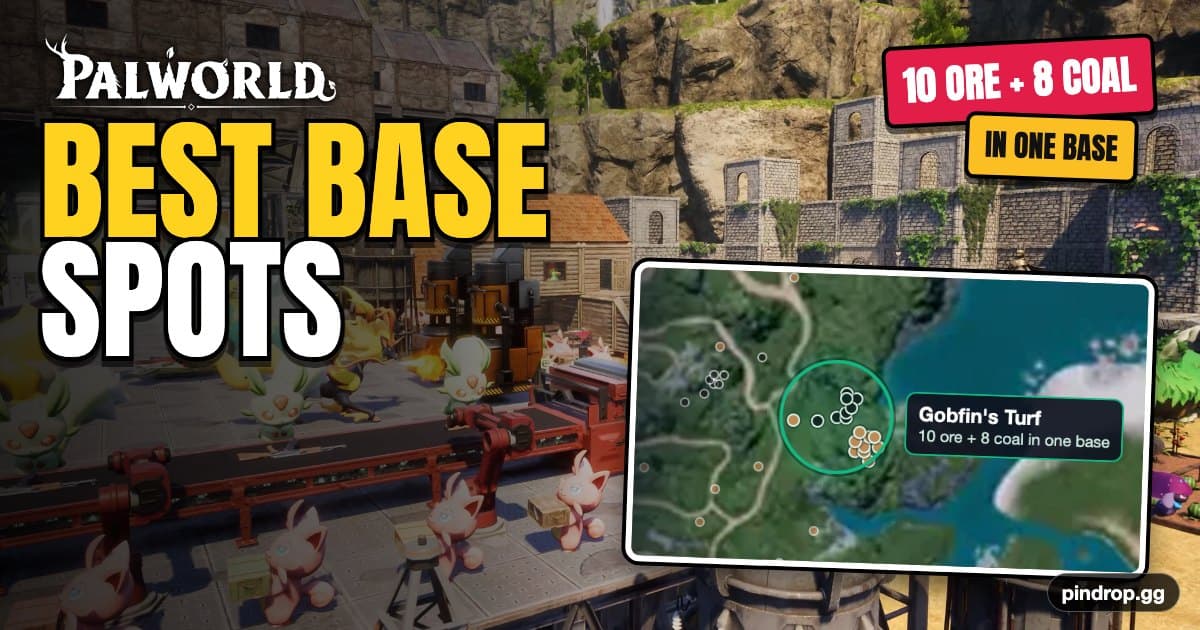 Palworld base screenshot with a map inset of Gobfin's Turf, one base radius ringed over its ore and coal nodes