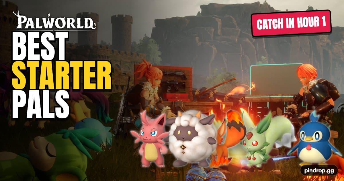 Best starter Pals in Palworld — Lifmunk, Cattiva, Lamball, Foxparks, and Pengullet in the Hill of Beginnings