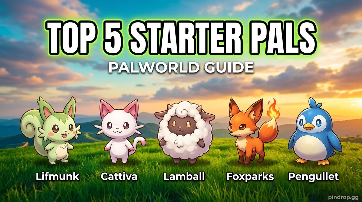 Meilleurs Pals starters dans Palworld — Lifmunk, Cattiva, Lamball, Foxparks et Pengullet dans le Plateau of Beginnings