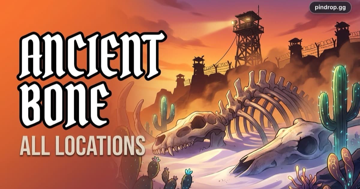 Ancient Bone in Palworld — huge weathered bones half-buried in a guarded desert sanctuary