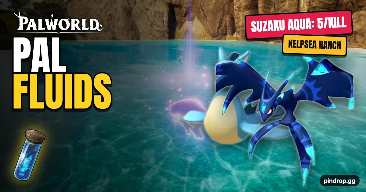 Aquatic Pal Fluids in Palworld — a vial of viscous blue fluid beside a Water-type Pal
