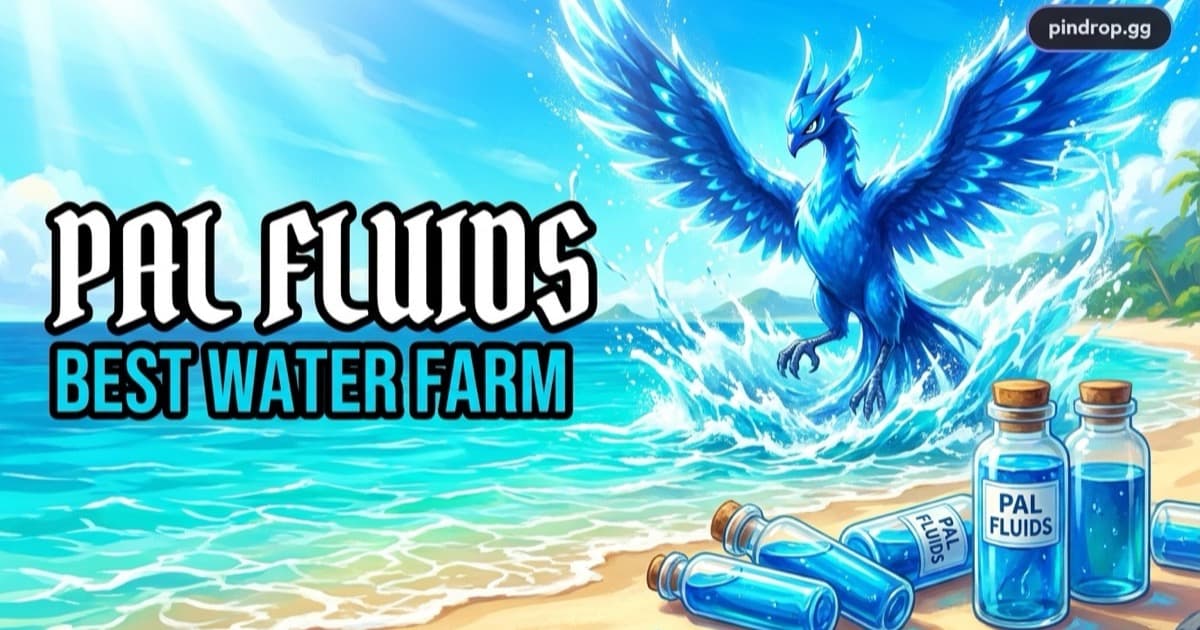 Aquatic Pal Fluids in Palworld — a vial of viscous blue fluid beside a Water-type Pal