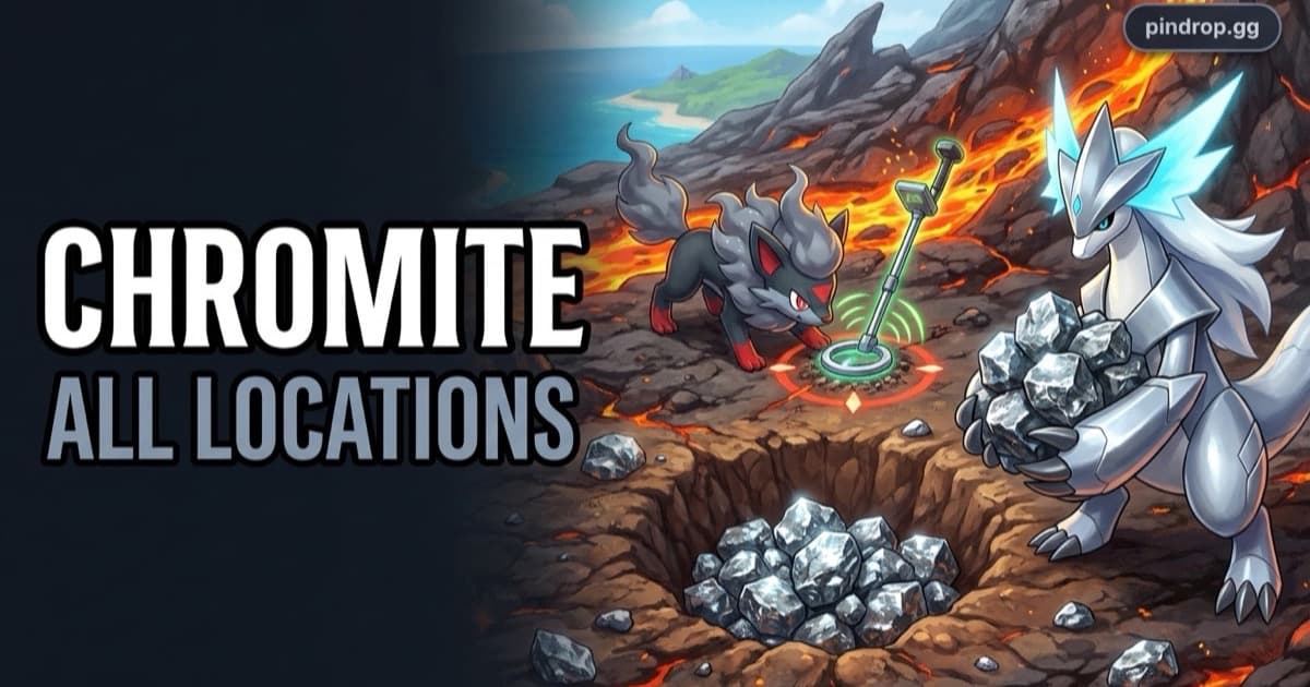 Chromite in Palworld — a metal detector pinging over buried ore on Feybreak's scorched terrain