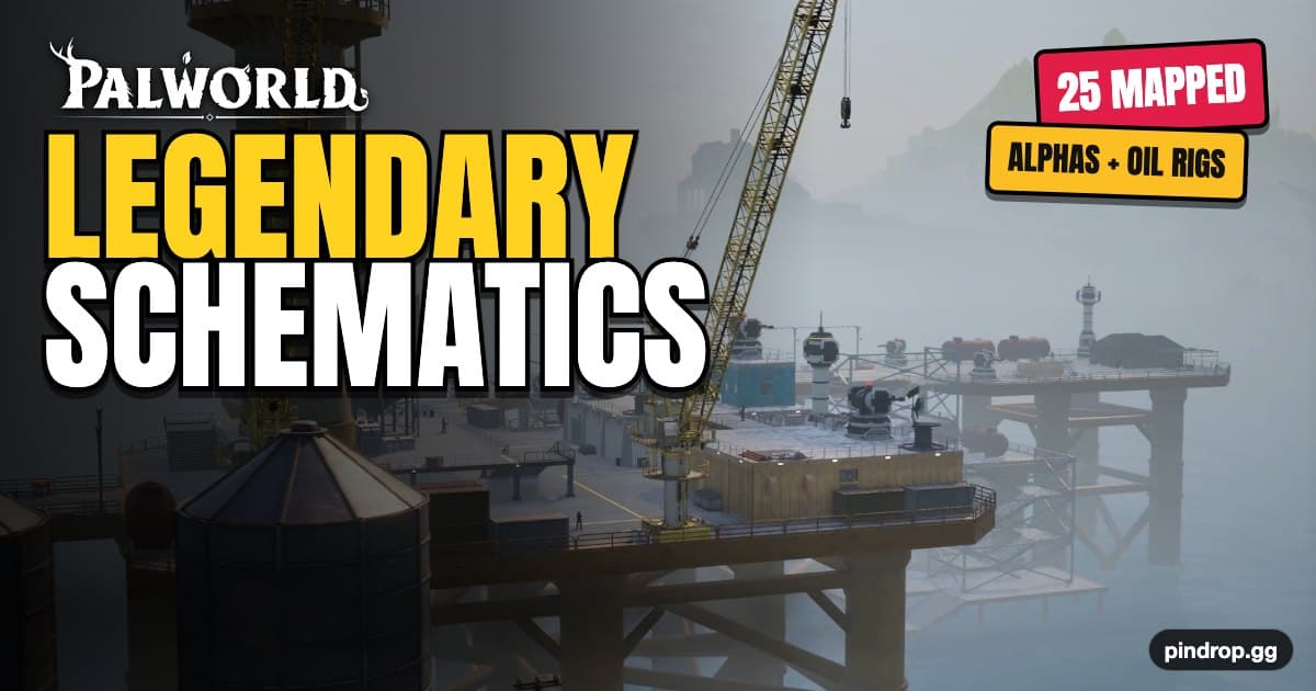 Legendary schematics in Palworld — a gold-bordered blueprint beside the legendary weapons it unlocks