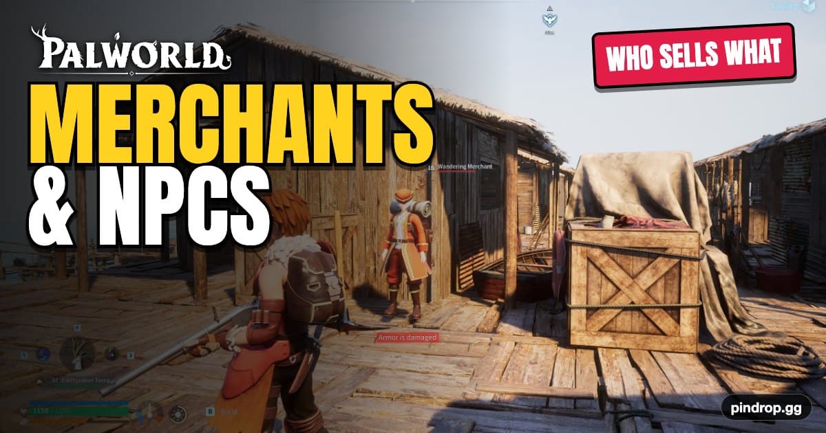 Palworld merchants and NPCs — a Wandering Merchant, the Black Marketeer and a Pal Merchant at their stalls on Palpagos