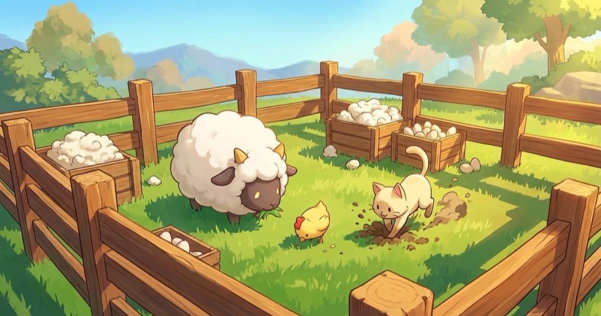 A Palworld Ranch — Lamball grazing, Chikipi beside it and a cat Pal digging, with crates of wool and eggs along the fence