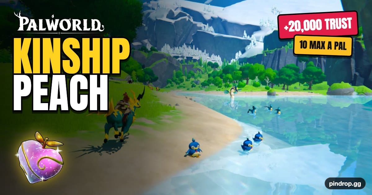 Kinship Peach in Palworld — a glowing pink fruit held out to a wary Pal on a sunlit island