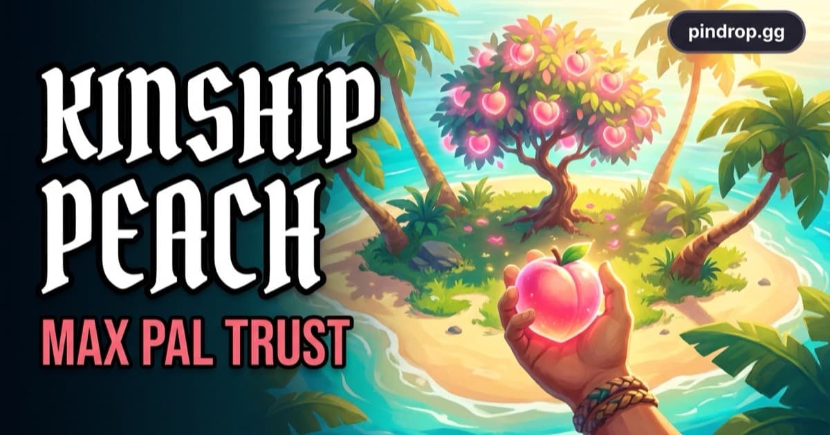 Kinship Peach in Palworld — a glowing pink fruit held out to a wary Pal on a sunlit island