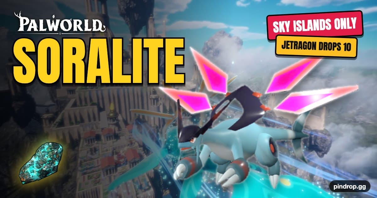 Soralite in Palworld — pale ore deposits on a floating sky island above the clouds