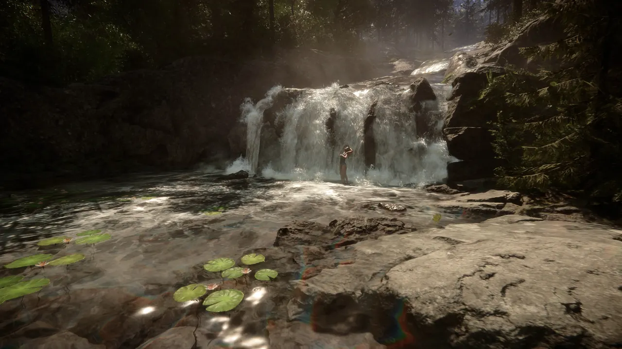 Sons of the Forest — a waterfall in the island's forest, in-game screenshot