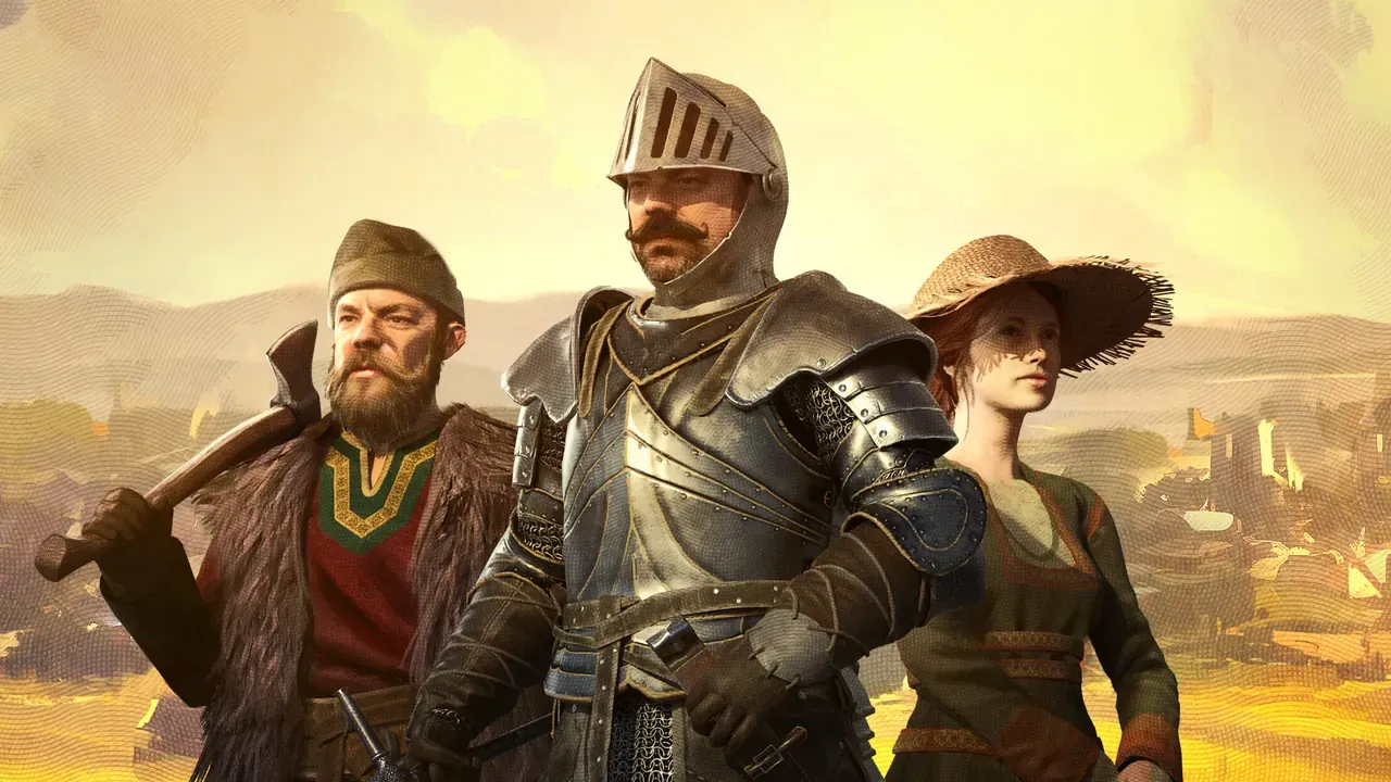 Official Bellwright key art: three villagers of Karvenia