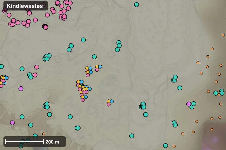 Map of Kindlewastes: where this build's materials sit closest together
