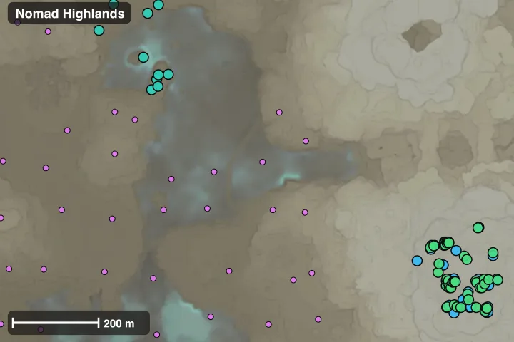 Map of Nomad Highlands: where this build's materials sit closest together