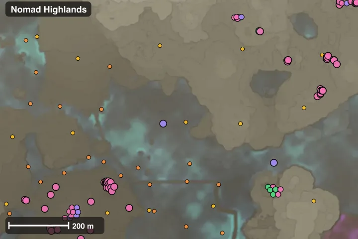 Map of Nomad Highlands: where this build's materials sit closest together