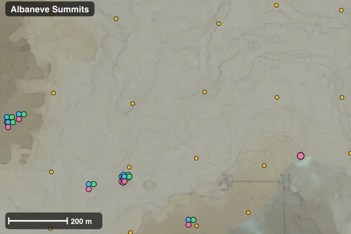 Map of Albaneve Summits: where this build's materials sit closest together