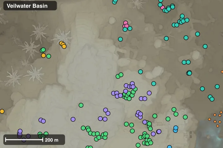 Map of Veilwater Basin: where this build's materials sit closest together
