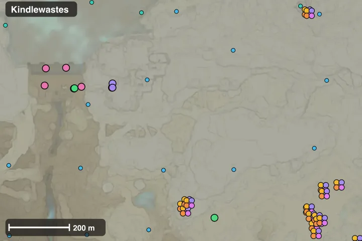 Map of Kindlewastes: where this build's materials sit closest together