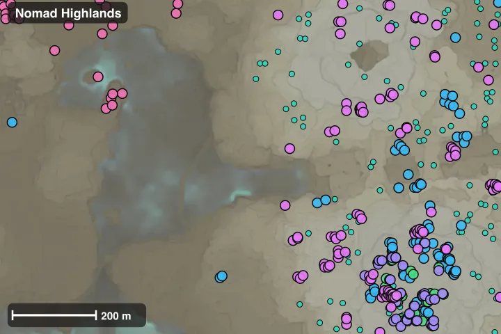 Map of Nomad Highlands: where this build's materials sit closest together