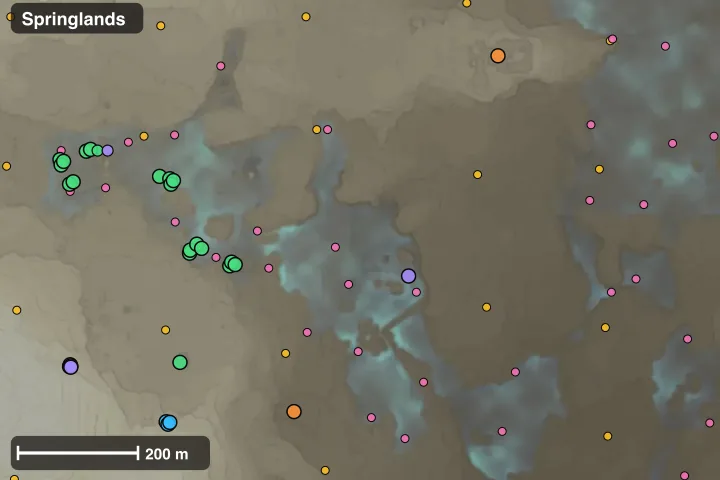 Map of Springlands: where this build's materials sit closest together