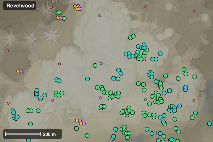 Map of Revelwood: where this build's materials sit closest together
