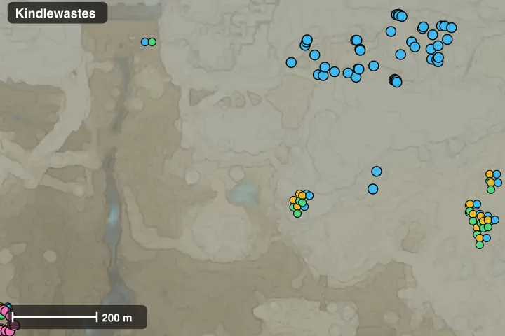 Map of Kindlewastes: where this build's materials sit closest together