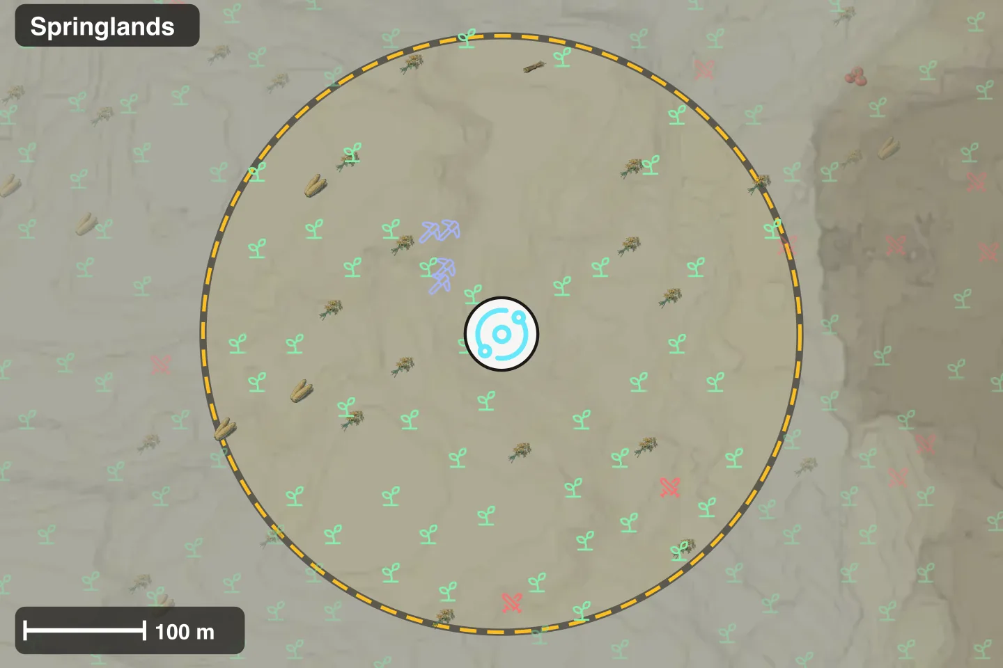Map of the Springlands Teleport Platform with a 250 m ring, the plants, ore containers and camp spawn points around it