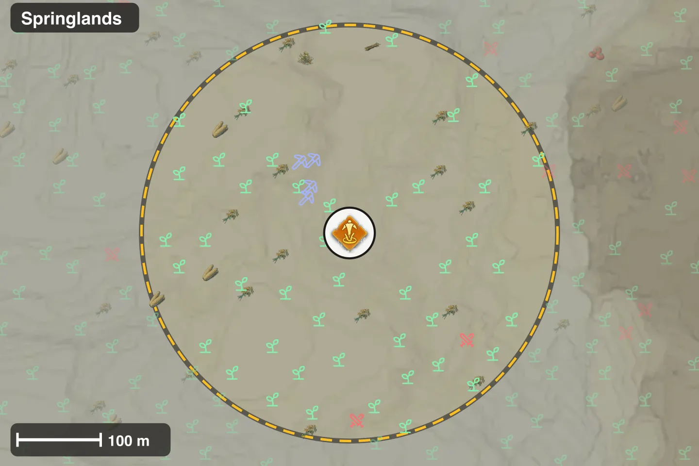 Map of the Springlands base spot with its plants and ore
