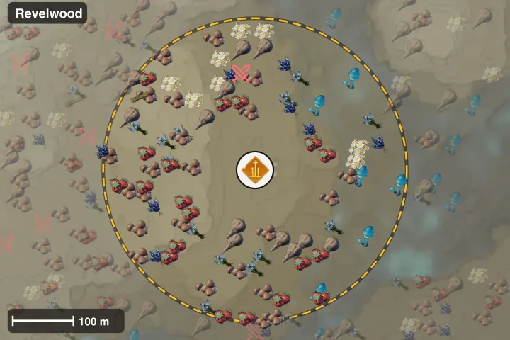 Map of the Revelwood Ancient Spire with a 250 m ring and what is placed around it