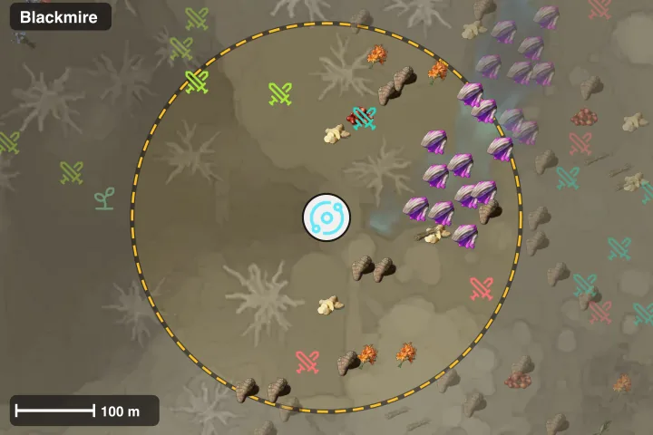 Map of the Blackmire Teleport Platform with a 250 m ring and what is placed around it