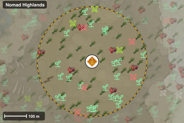 Map of the Nomad Highlands Ancient Spire with a 250 m ring and what is placed around it