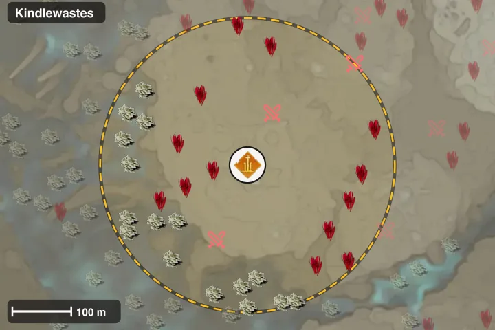 Map of the Kindlewastes Ancient Spire with a 250 m ring and what is placed around it