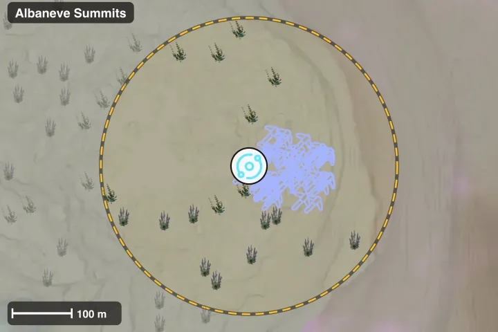 Map of the Albaneve Summits Teleport Platform with a 250 m ring and what is placed around it