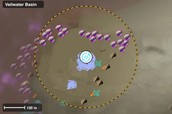 Map of the Veilwater Basin Teleport Platform with a 250 m ring and what is placed around it