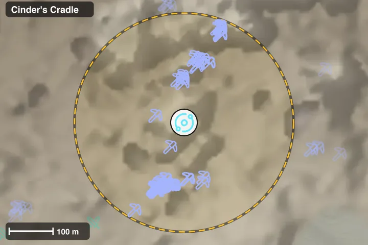 Map of the Cinder's Cradle Teleport Platform with a 250 m ring and what is placed around it