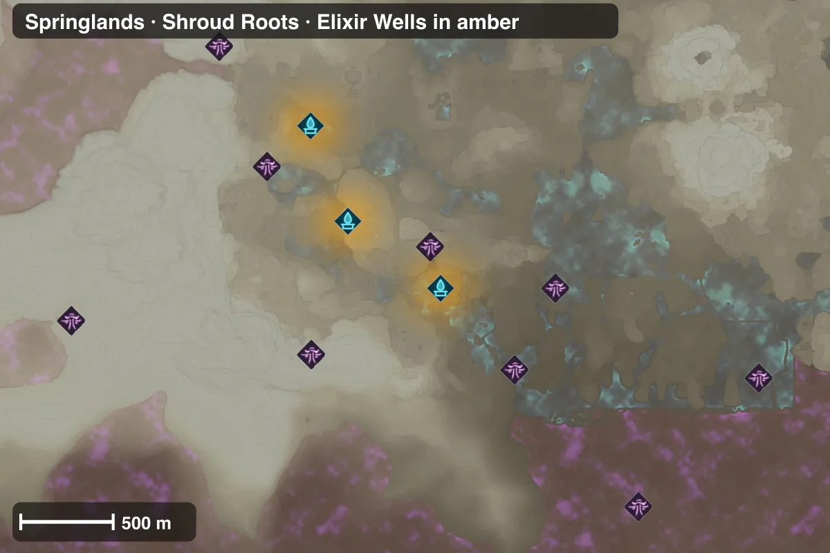 Map of Springlands with its Shroud Roots and Elixir Wells marked