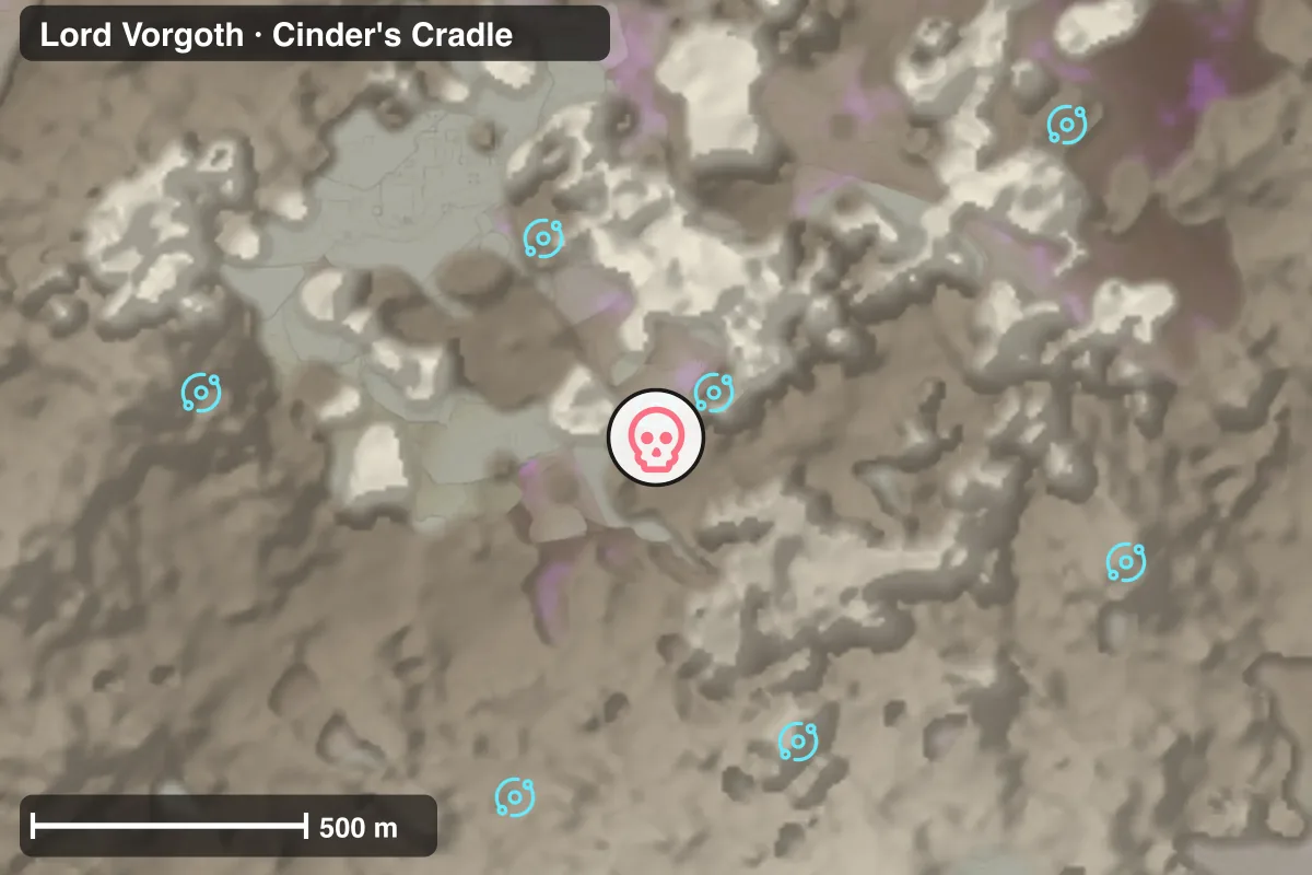 Map of Lord Vorgoth's arena in Cinder's Cradle with the fast-travel points around it