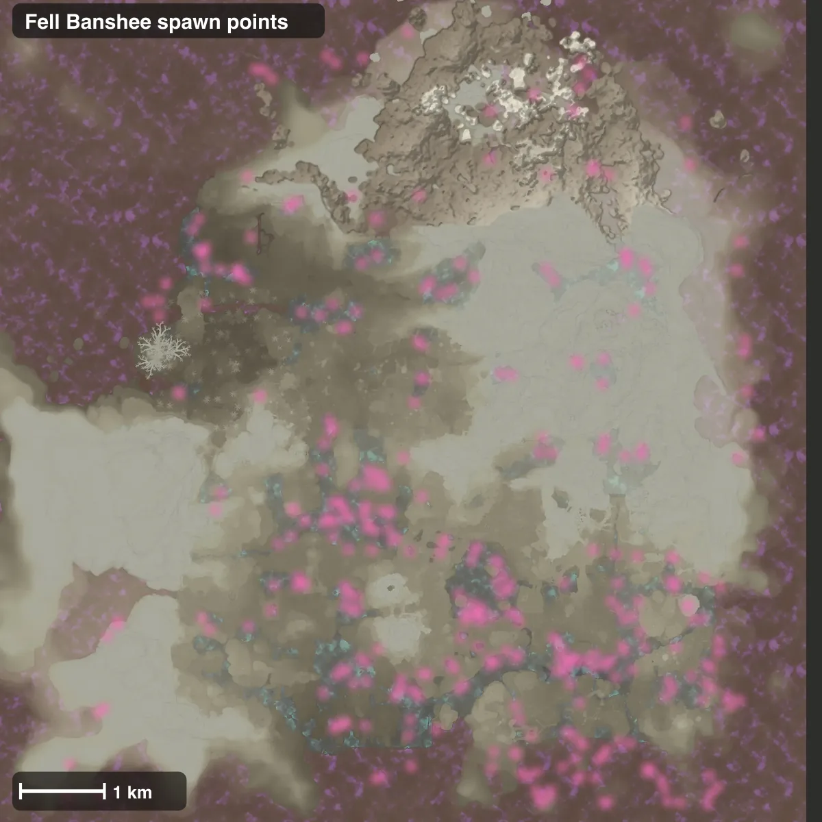 Map of Embervale with every Fell Banshee spawn point marked in pink