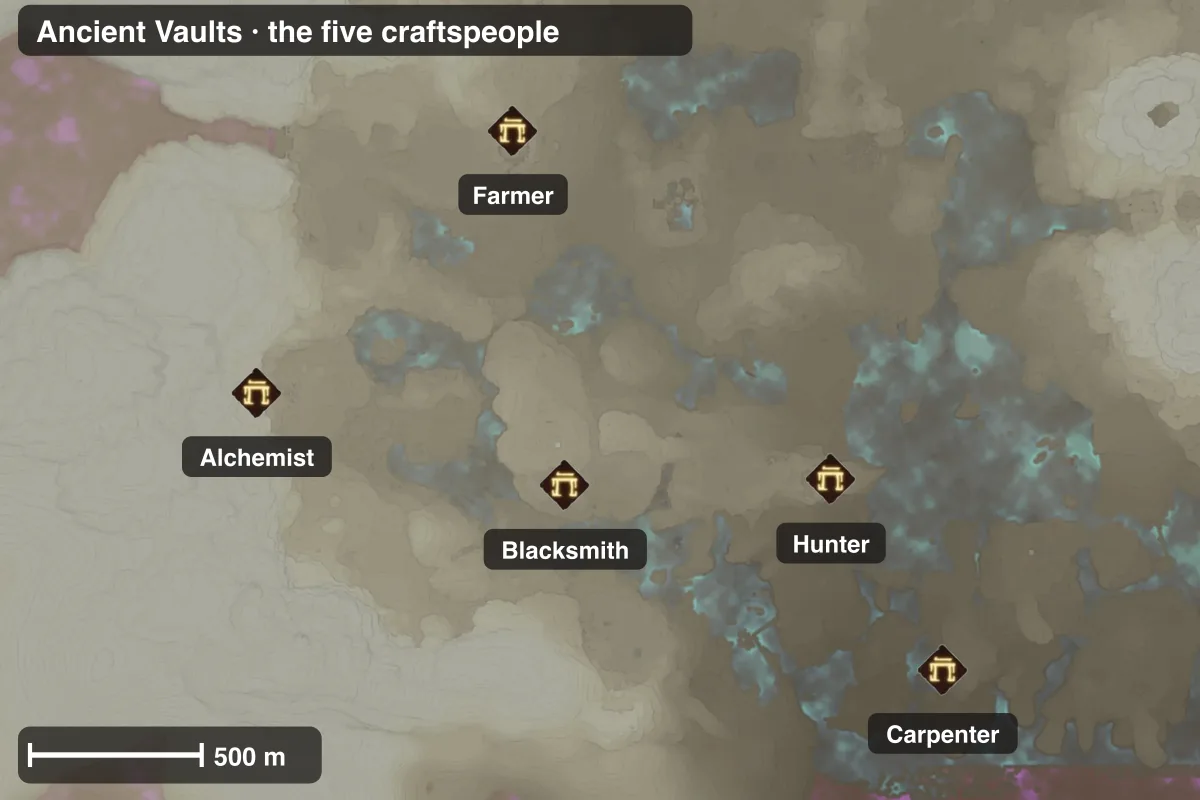 Map of the five Ancient Vaults the craftspeople are found in, each named