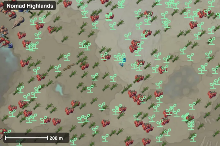 Map of Nomad Highlands: where Seedbed crops grow wild, with each plant's map icon