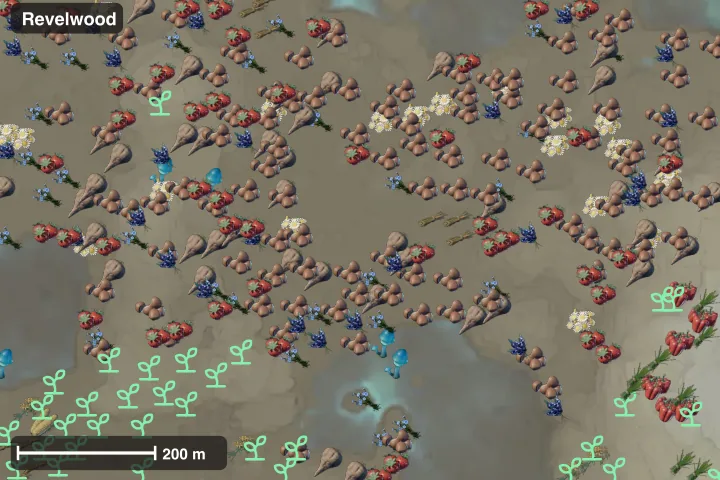 Map of Revelwood: where Seedbed crops grow wild, with each plant's map icon