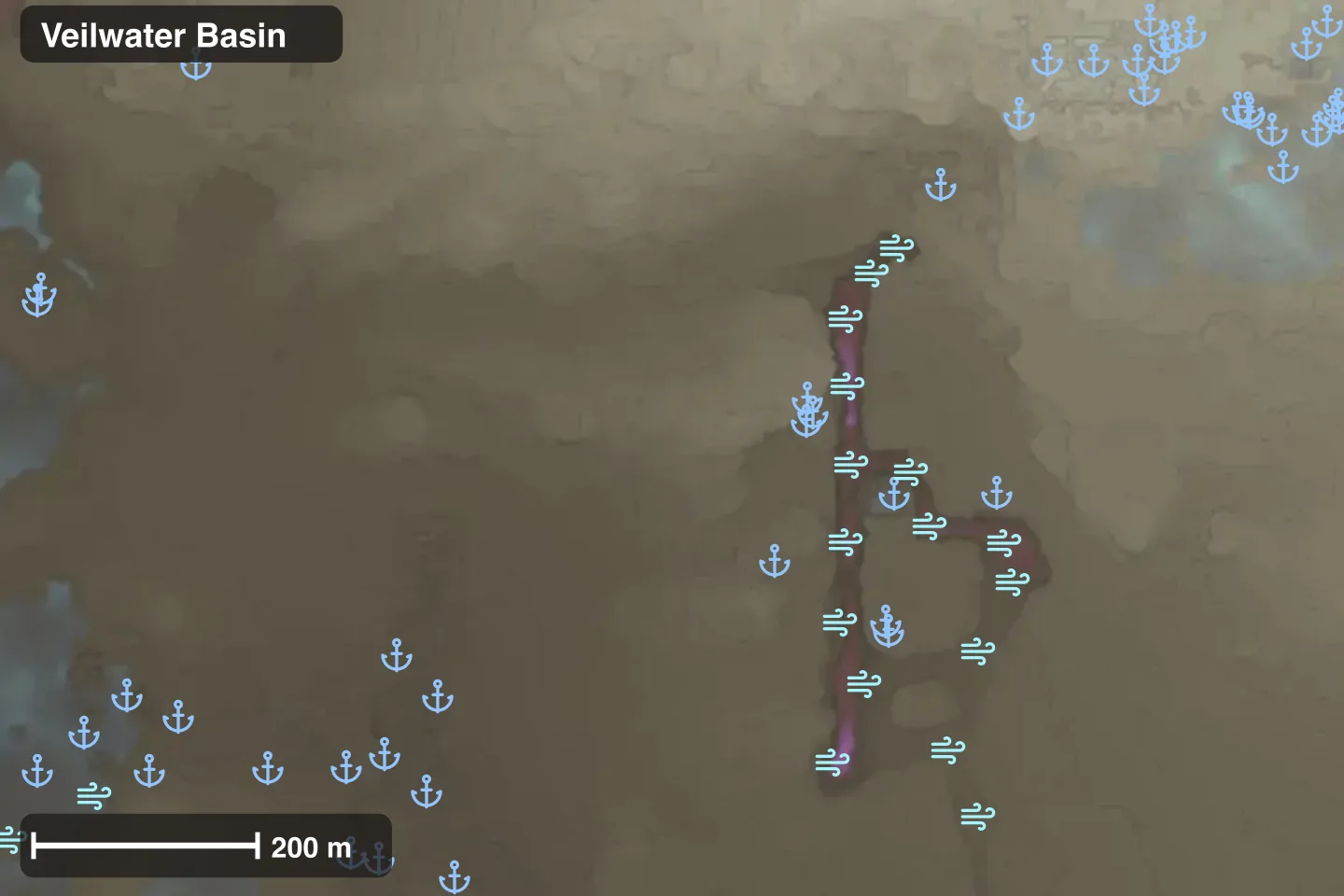 Map of part of Veilwater Basin with its grapple points and updrafts