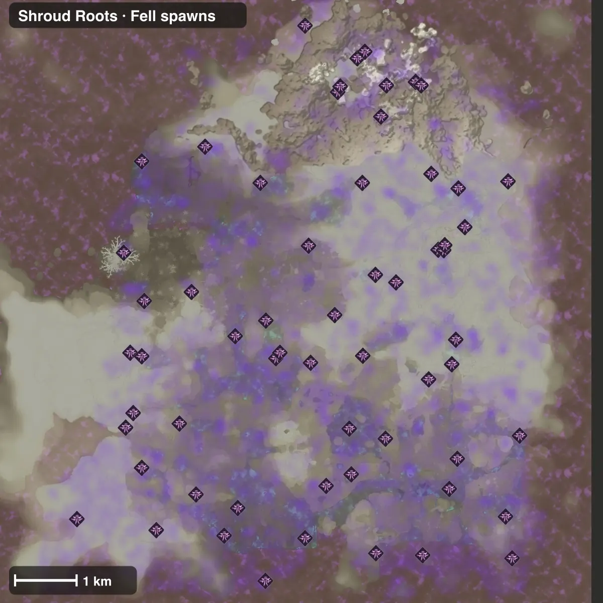 Overview map of Embervale with every Shroud Root and a violet haze where the Fell spawn