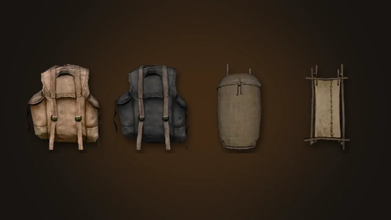 Four Kenshi backpacks drawn from the game's item art